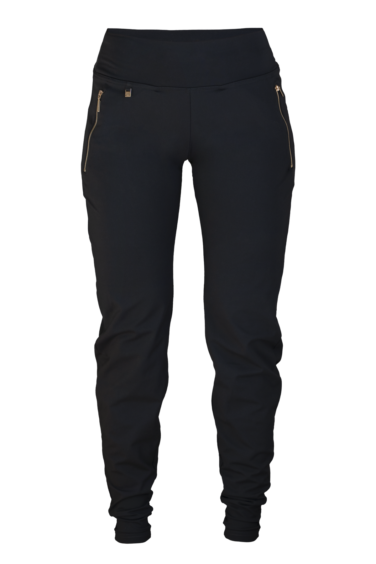 Edge Casual Zip Pants freigestellt von vorn. Schwarz mit hoher Taille und goldfarbenen Reißverschlüssen an den Taschen.