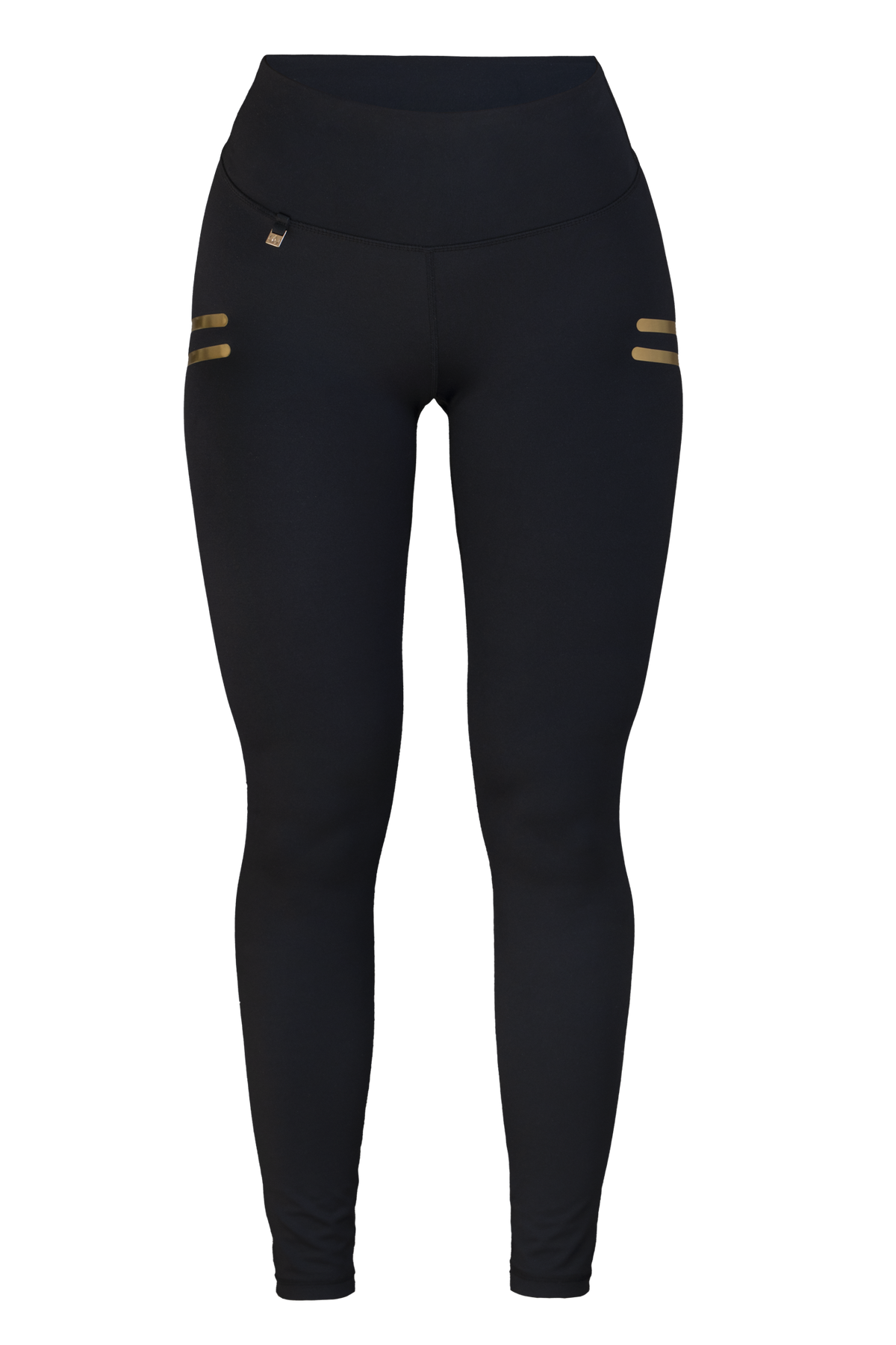 Edge Stripe Legging détouré de face. Noir avec taille haute et deux courtes bandes dorées sur la hanche.