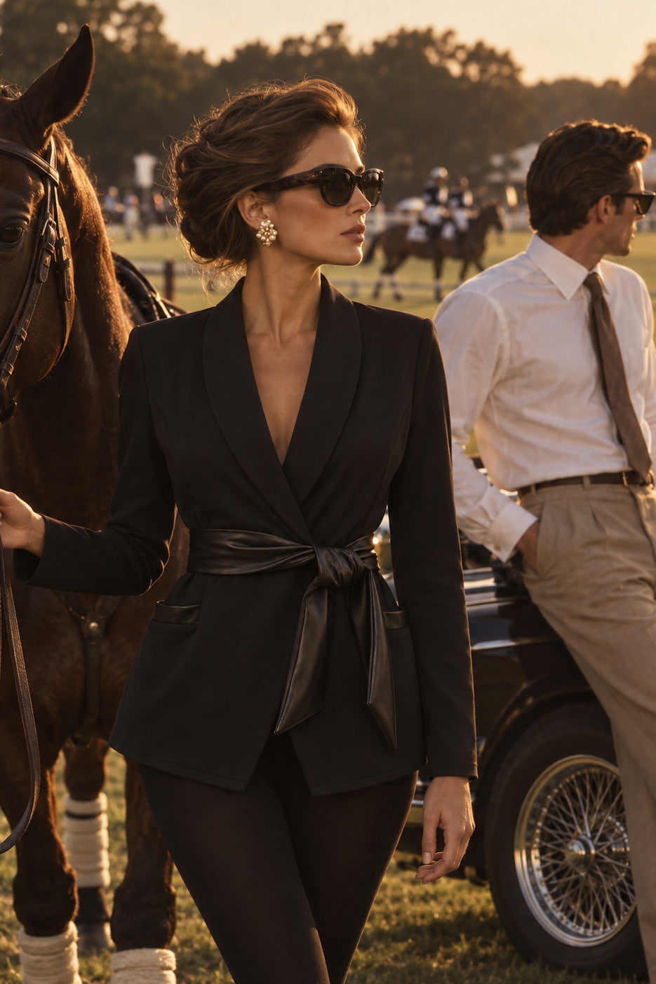 Edge Blazer in Schwarz mit Bindeband in der Taille, an einem Nachmittag beim Stall