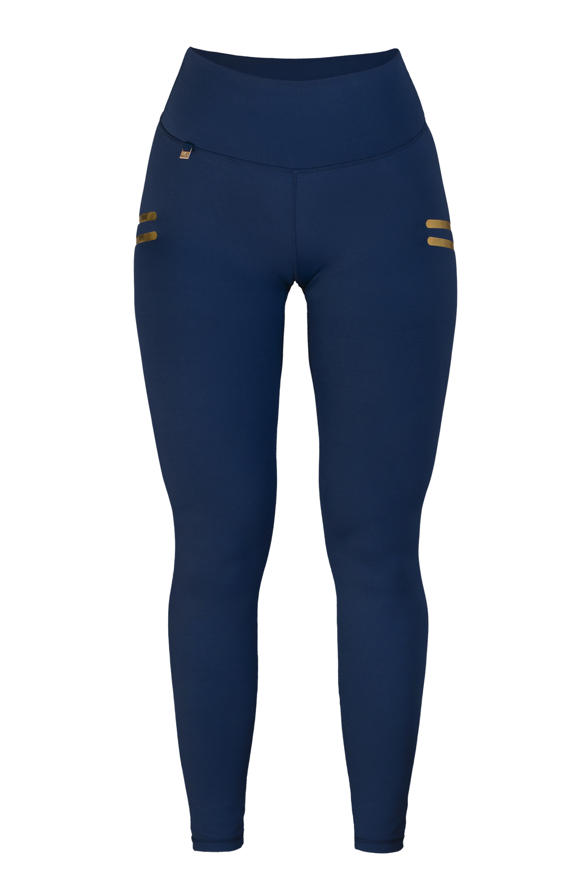 Edge Stripe Leggings Sportivi Navy scontornati, visti di fronte. Vita alta e due brevi righe oro sul fianco.
