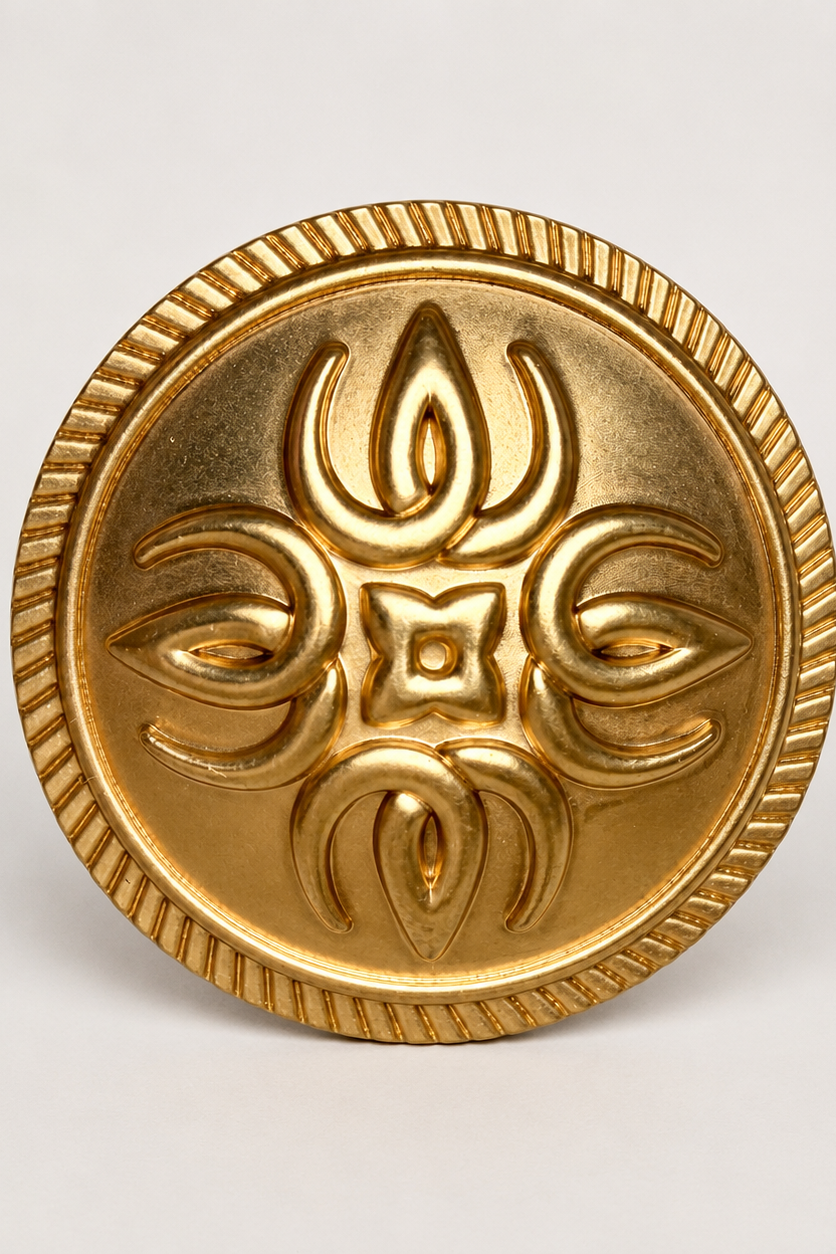 Nahaufnahme des Goldknopfs, das V von Wallderinska in vier Richtungen, das eine Blume bildet.