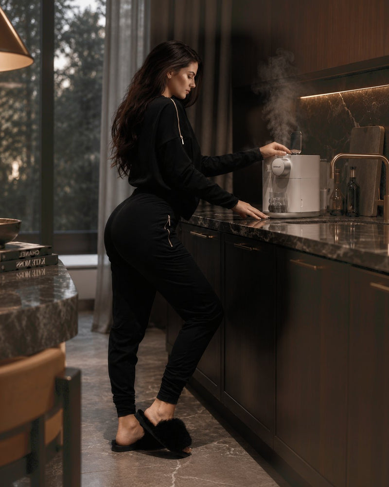 Frau in Edge Casual Zip Sweater und Zip Pants macht Kaffee an der Kaffeemaschine in der Küche.