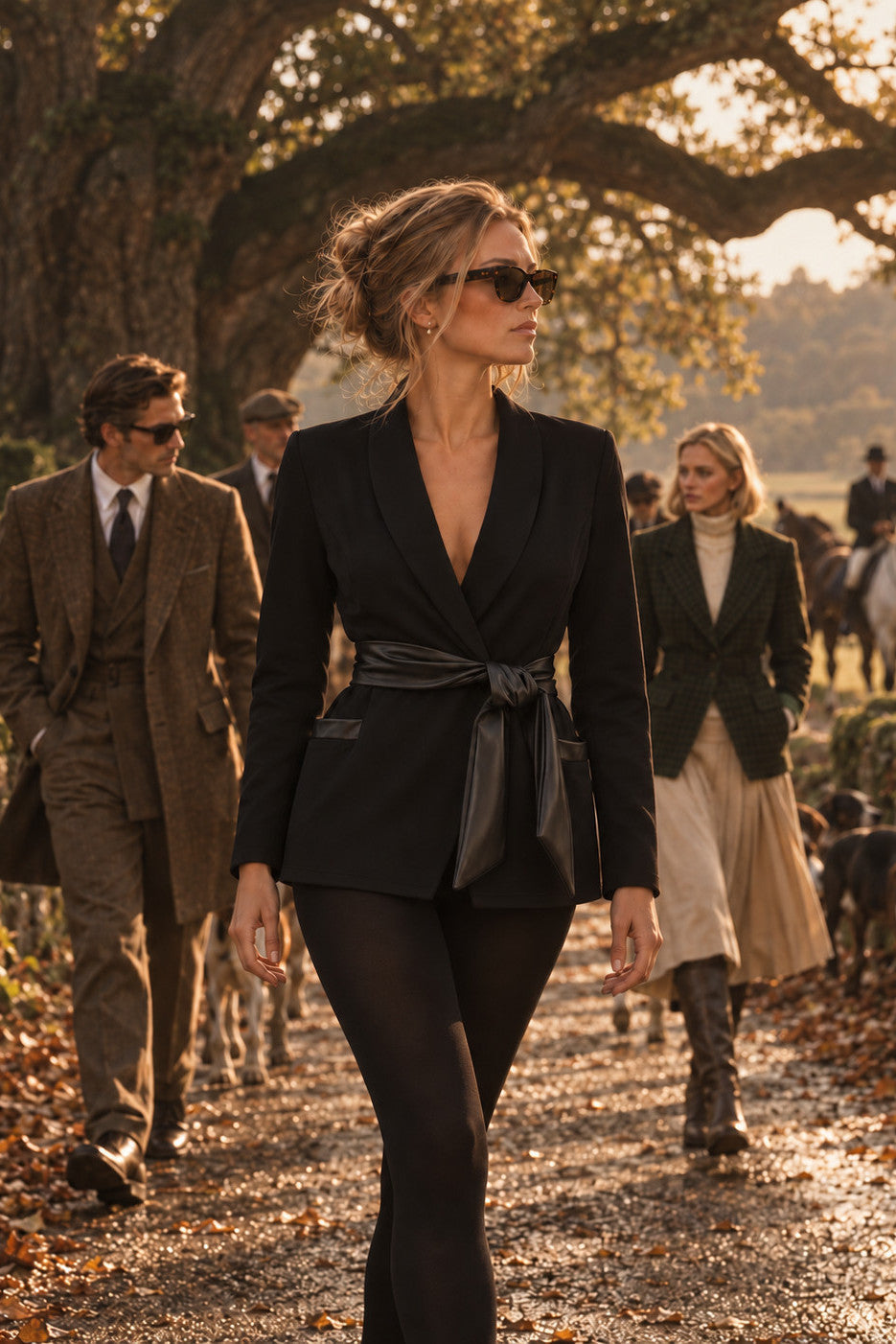 Edge Blazer nero in un viale sotto le querce in autunno
