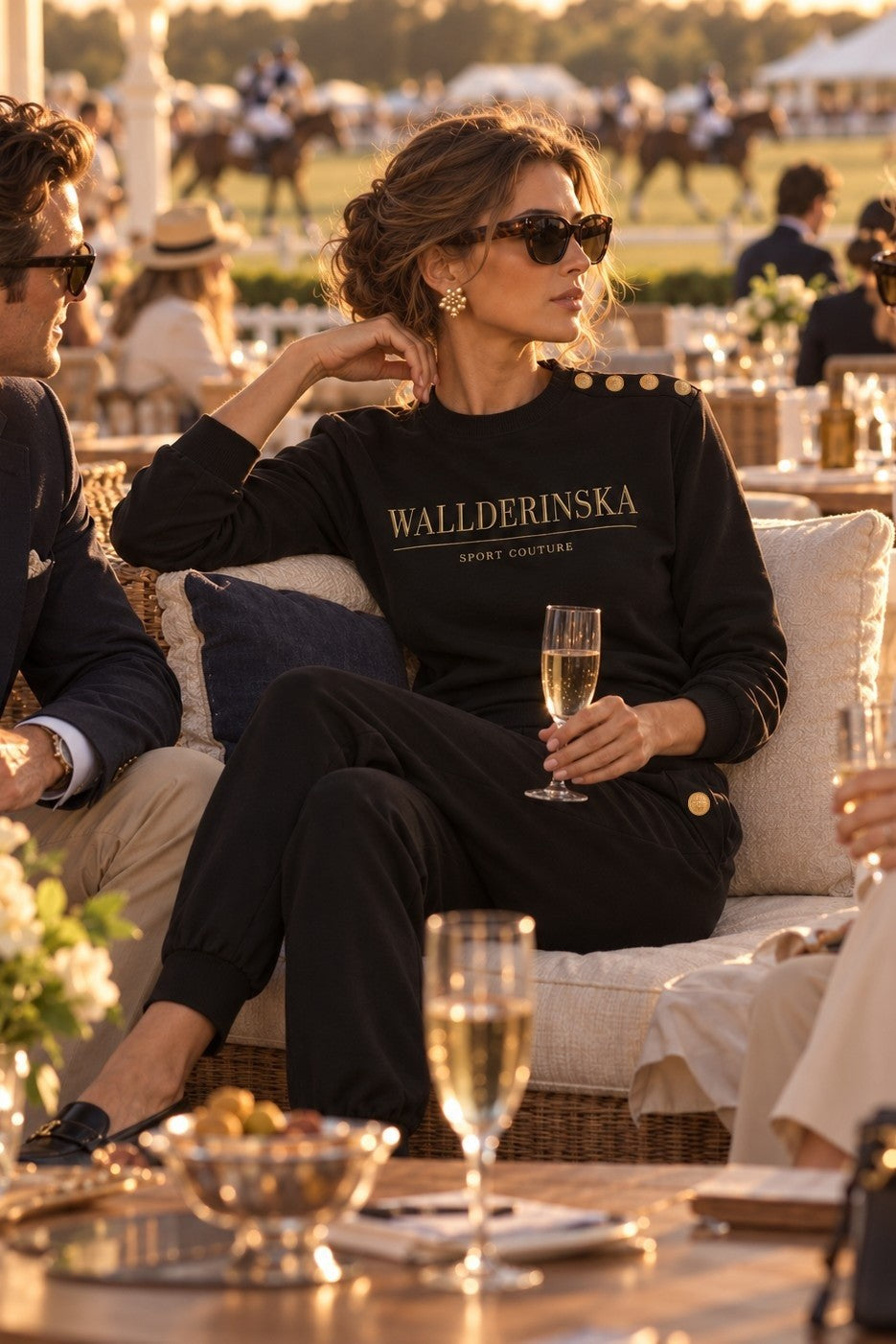 Das Edge Gold Button Set in Schwarz bei einem Polospiel in der Abendsonne, mit einem Glas Champagner.